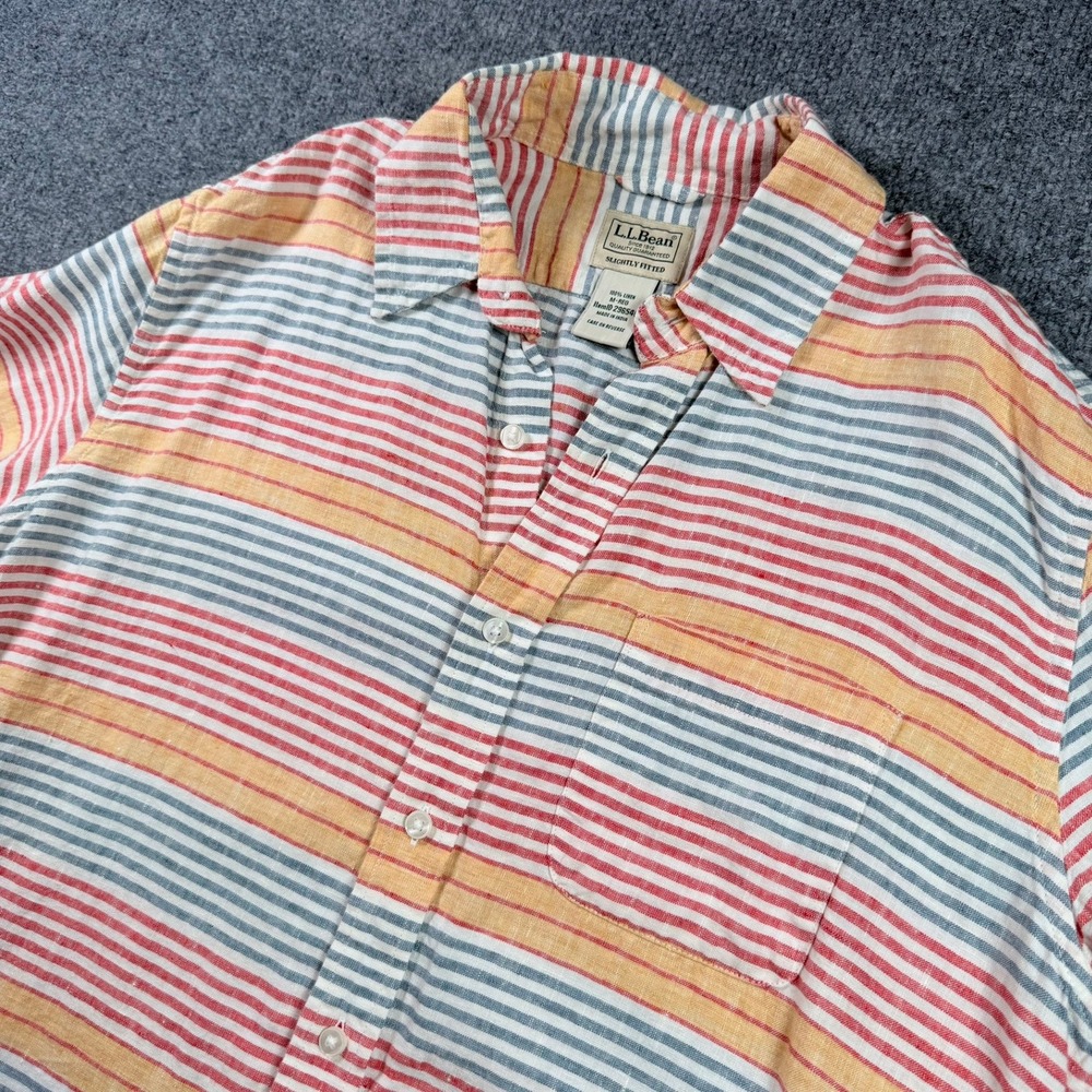 LL Bean Button Down VTG Shirt Mens M Multicolor Striped 100% Linen Short Sleeve